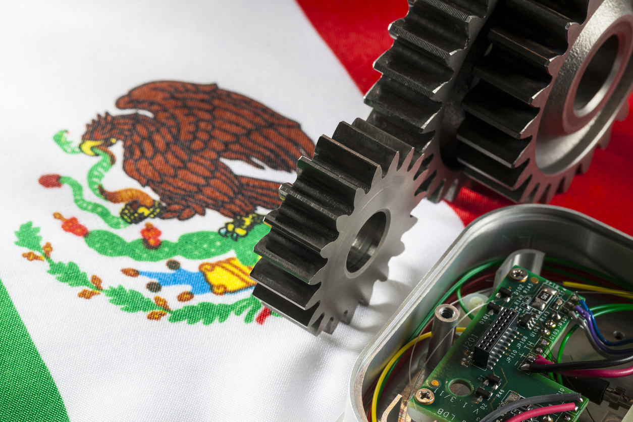 Mexican flag and gears. Concept for maquiladora. Or Engineering.